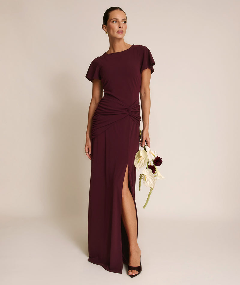 Flutter Sleeve Stretch Sculpt Bridesmaid Dress - Merlot