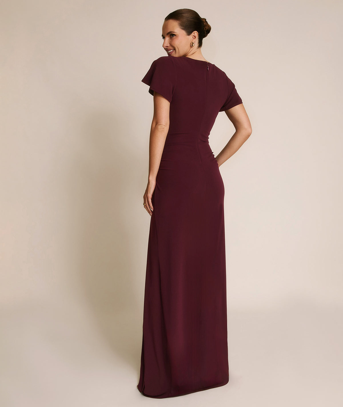 Flutter Sleeve Stretch Sculpt Bridesmaid Dress - Merlot