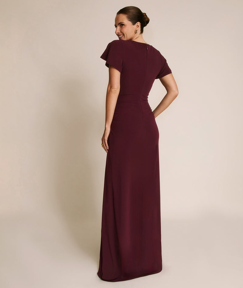 burgundy flutter sleeve dress Burgundy Satin Cowl Flutter Sleeve Tea-length A-Line Dress