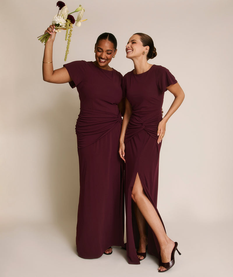 Flutter Sleeve Stretch Sculpt Bridesmaid Dress - Merlot