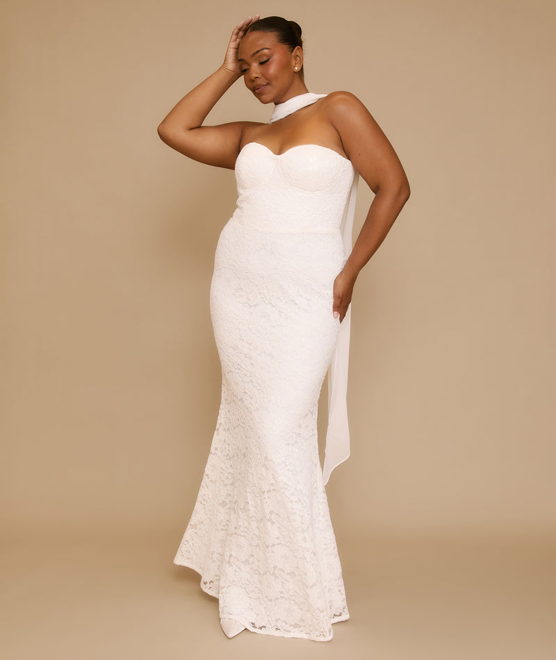 Lace Bandeau Maxi Dress with Neck Scarf - Ivory