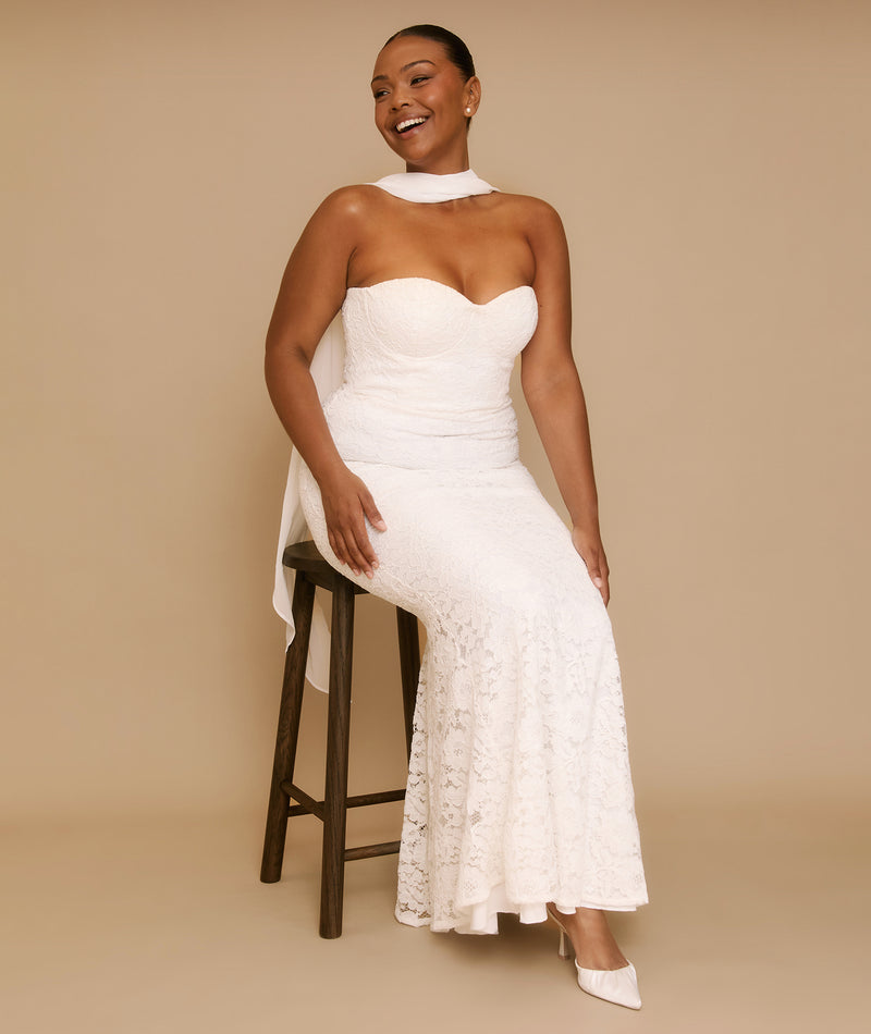 Lace Bandeau Maxi Dress with Neck Scarf - Ivory