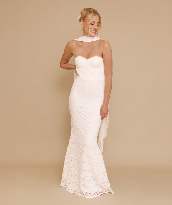 Lace Bandeau Maxi Dress with Neck Scarf - Ivory