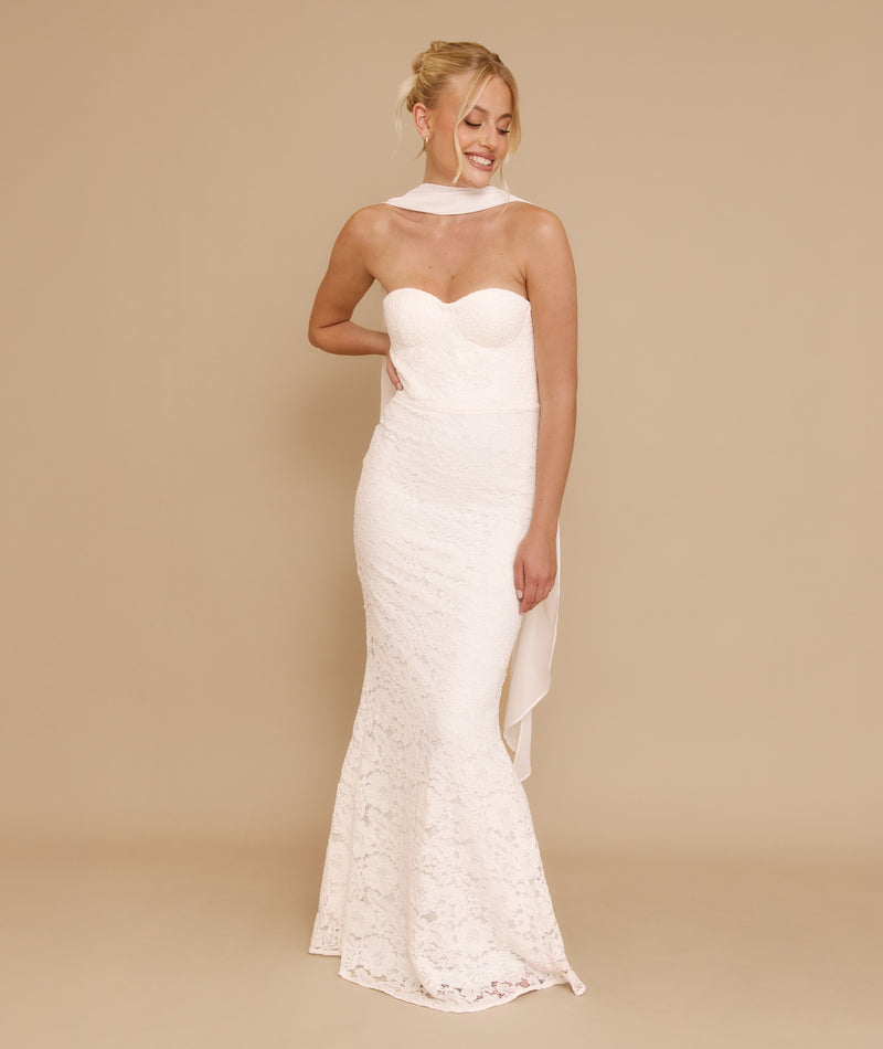 Lace Bandeau Maxi Dress with Neck Scarf - Ivory