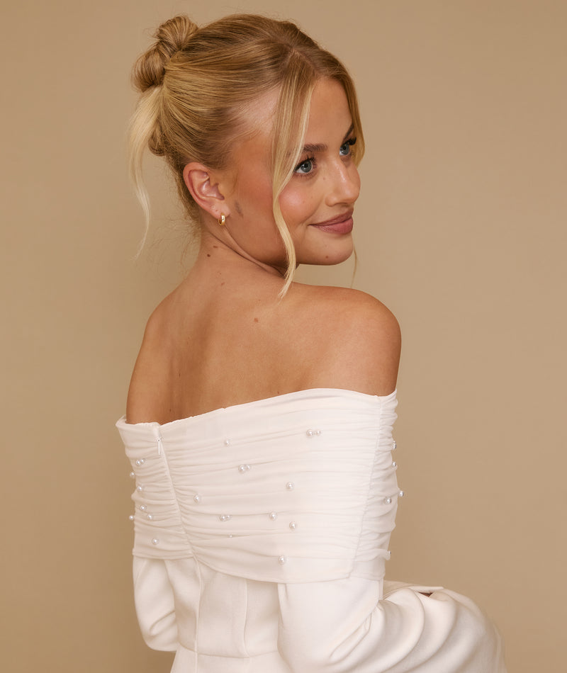 Pearl Trim Bardot Mini Dress - White