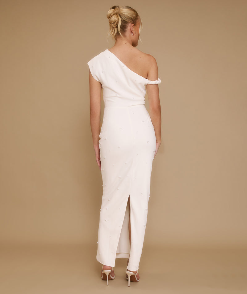 Pearl Trim Twist Strap Maxi Dress - White
