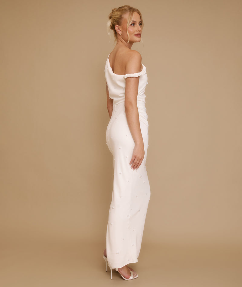Pearl Trim Twist Strap Maxi Dress - White