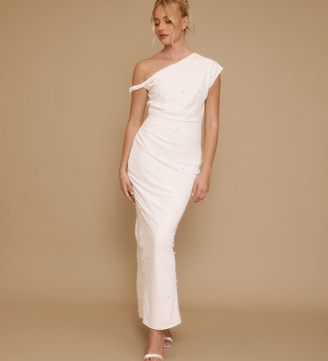 Pearl Trim Twist Strap Maxi Dress - White Six Stories Pearl Trim Twist Strap Maxi Dress - White Six Stories