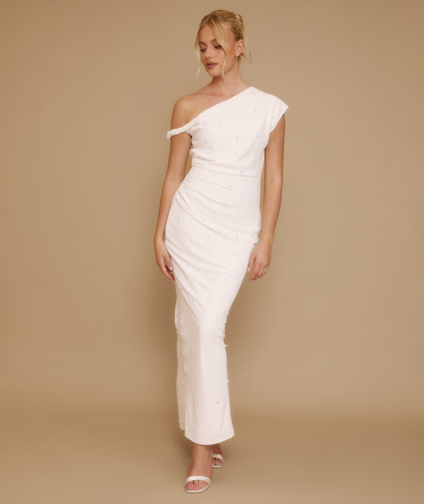 Pearl Trim Twist Strap Maxi Dress - White