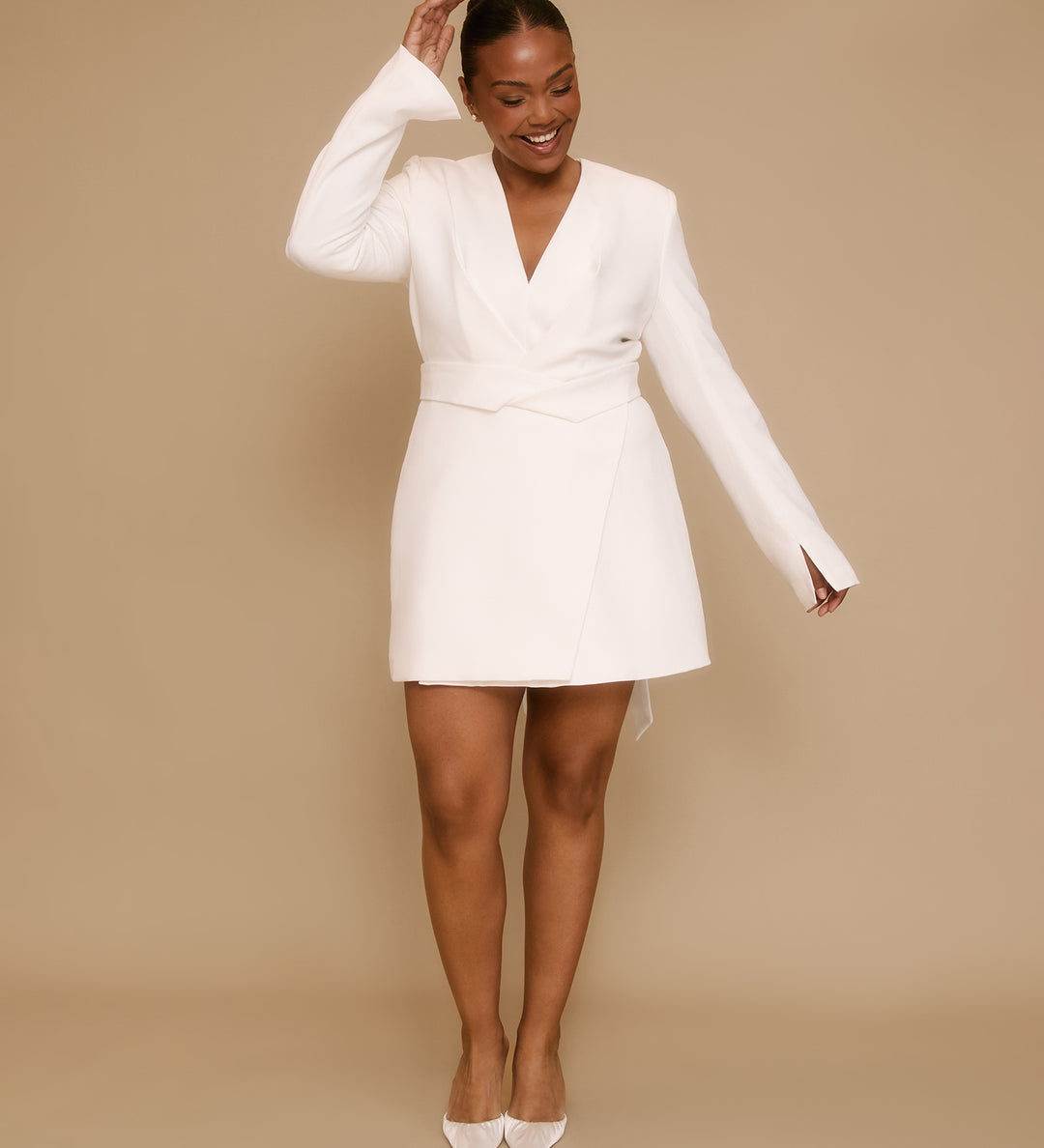 womens white blazer dress Double Breasted Flap Detail White Blazer Dress Etta | White Plunge-Neck Short