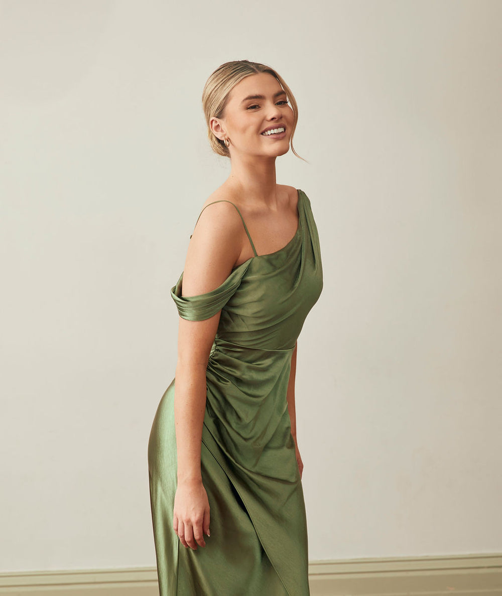 bridesmaid dresses pakistani Olive Green Mismatched Fashion Silk Satin Sheath With Slit Long Brides –  clover sew main image 1