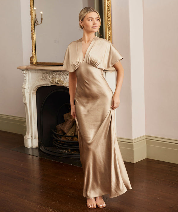 Cowl Front Long Sleeve Satin Bridesmaid Dress - Champagne | Six Stories Cowl Front Long Sleeve Satin Bridesmaid Dress - Champagne | Six Stories