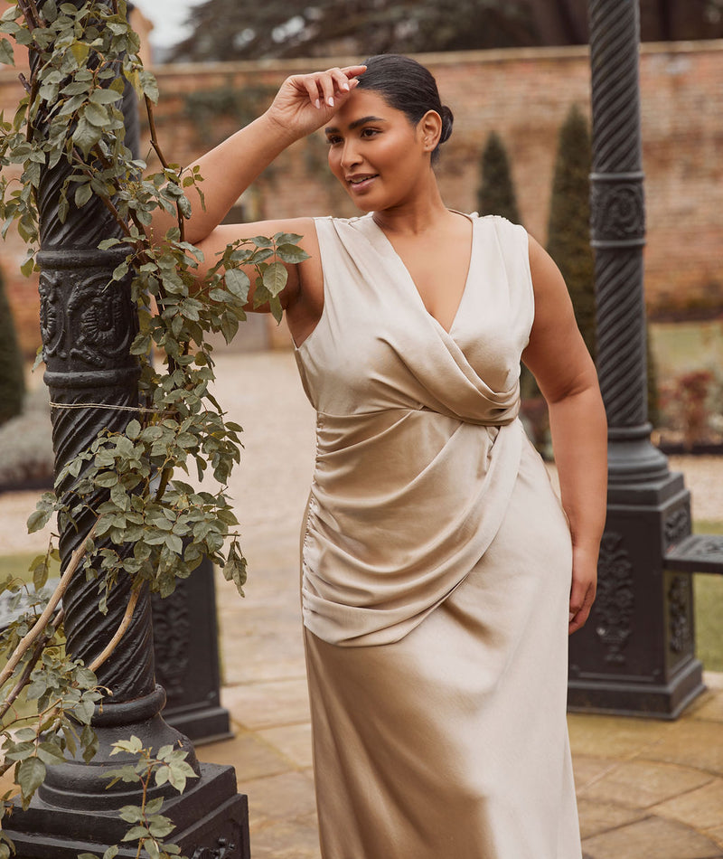 Plunge Drape Detail Satin Bridesmaid Dress - Champagne | Six Stories Plunge Drape Detail Satin Bridesmaid Dress - Champagne | Six Stories