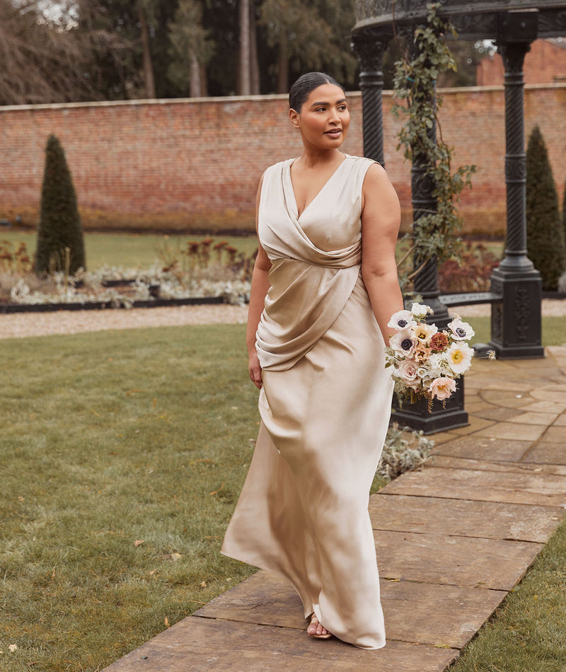 Plunge Drape Detail Satin Bridesmaid Dress - Champagne | Six Stories Plunge Drape Detail Satin Bridesmaid Dress - Champagne | Six Stories