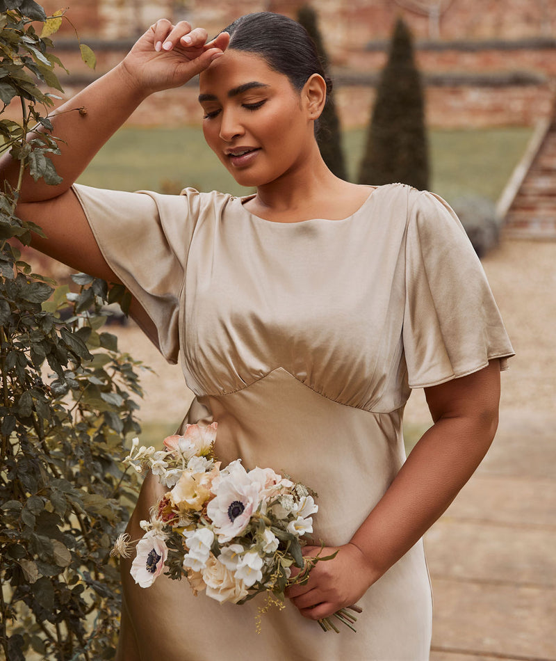 Gathered Bust Flutter Sleeve Satin Bridesmaid Dress - Champagne | Six Stories Gathered Bust Flutter Sleeve Satin Bridesmaid Dress - Champagne | Six Stories