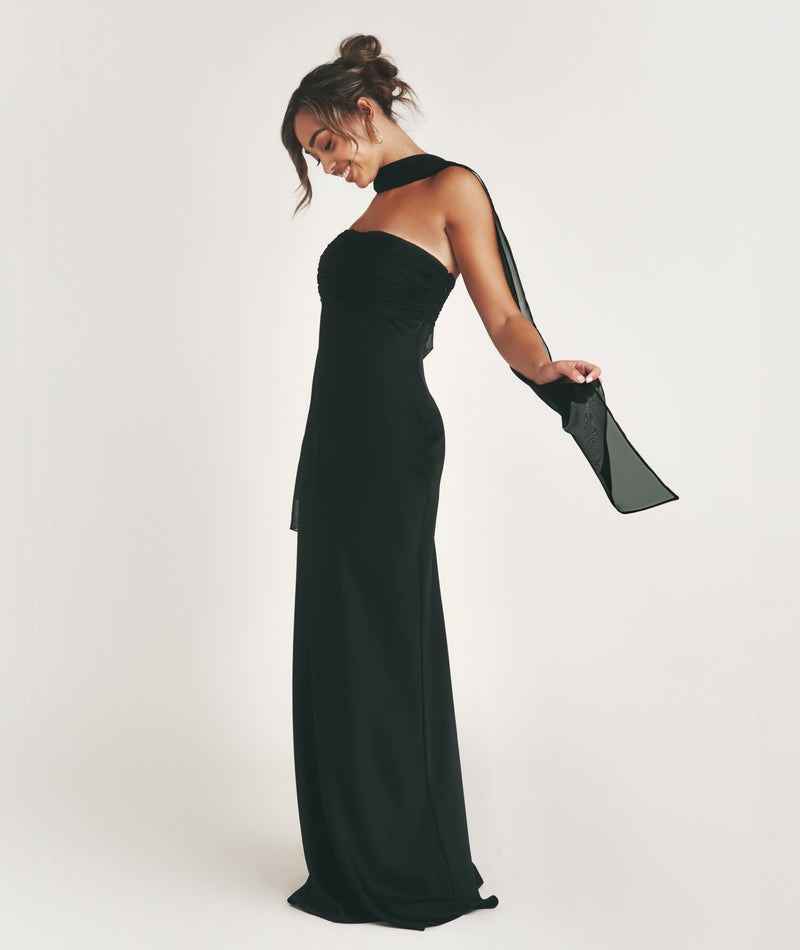 Bandeau Satin Bridesmaid Dress with Neck Tie - Black