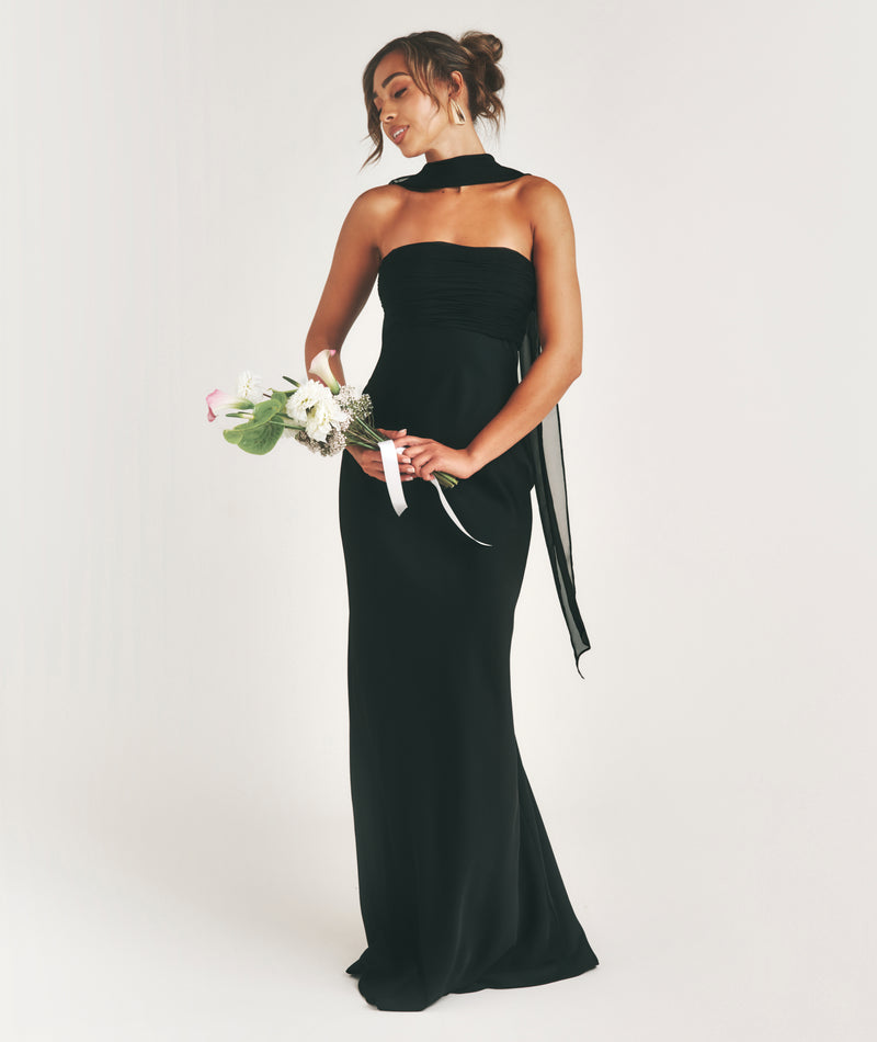 black satin bridesmaid dress Formal Dresses Charming Spaghetti Straps Pleated Stretch Formal With Slit Myah is 5ft 9 and wears a size UK 14 Bandeau Satin Bridesmaid Dress with