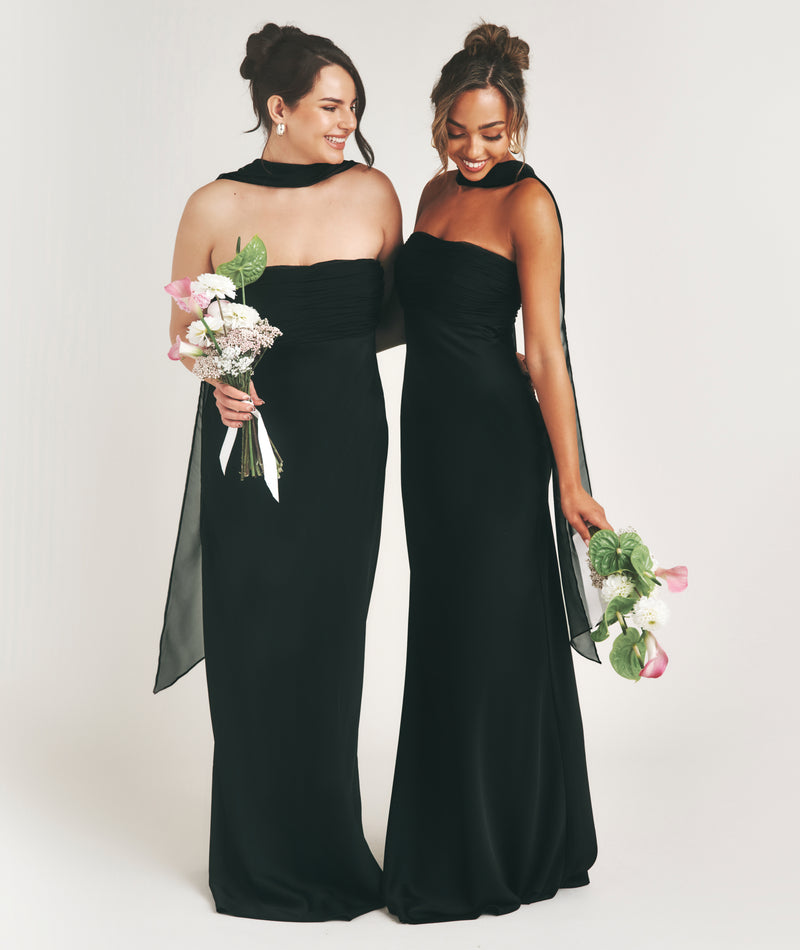 Bandeau Satin Bridesmaid Dress with Neck Tie - Black