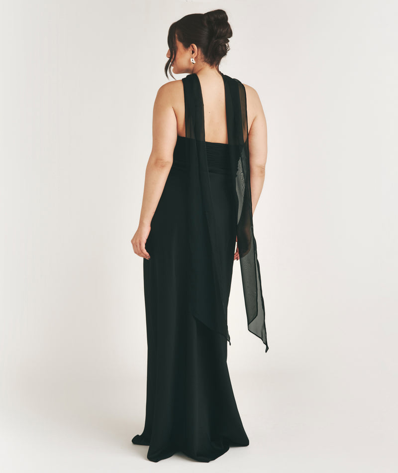 Bandeau Satin Bridesmaid Dress with Neck Tie - Black