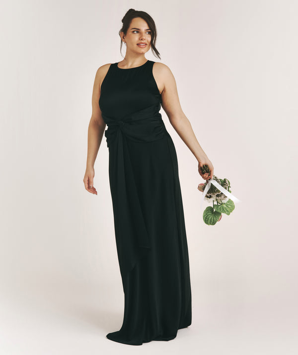 Knot Front Drape Detail Satin Bridesmaid Dress - Black