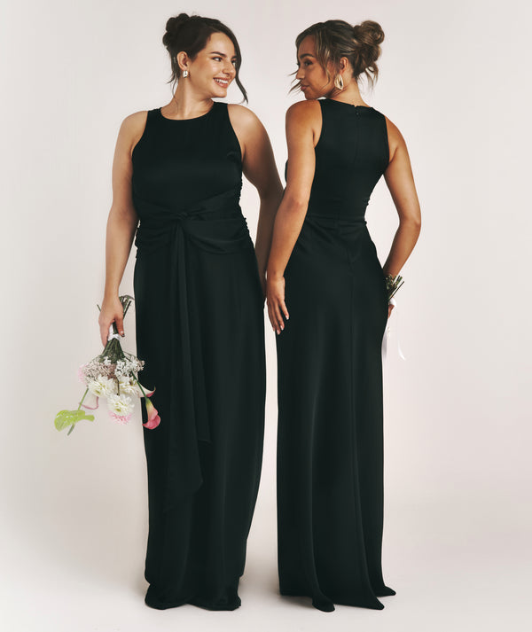 Knot Front Drape Detail Satin Bridesmaid Dress - Black