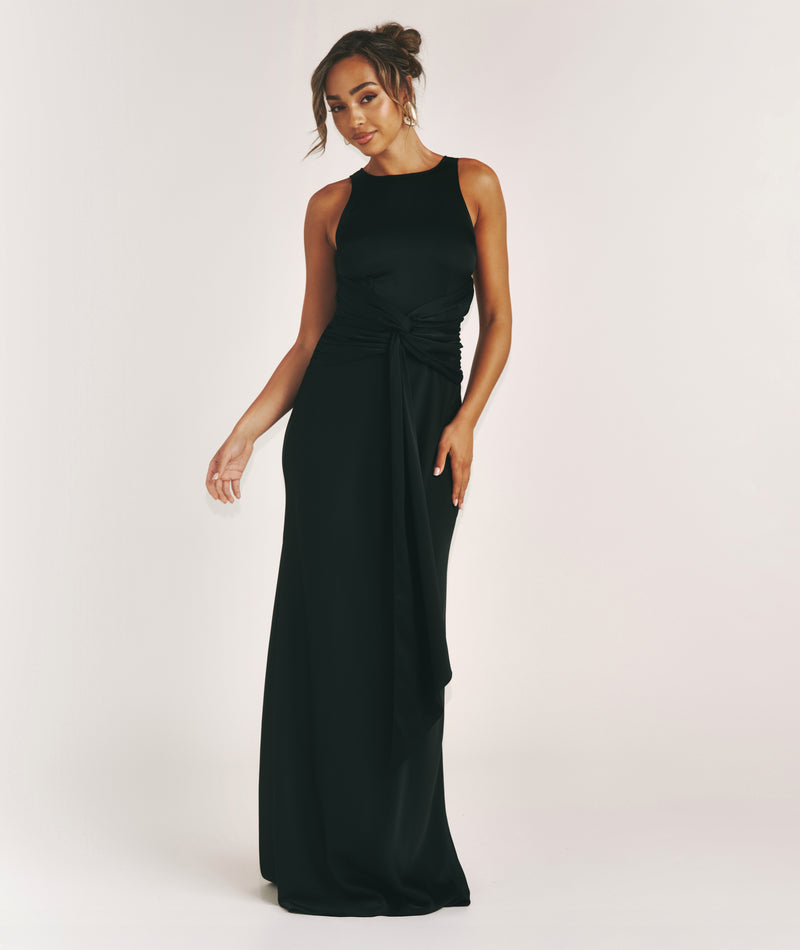 Knot Front Drape Detail Satin Bridesmaid Dress - Black