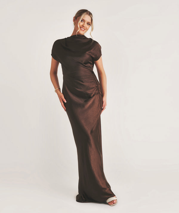 Batwing Satin Bridesmaid Dress - Chocolate