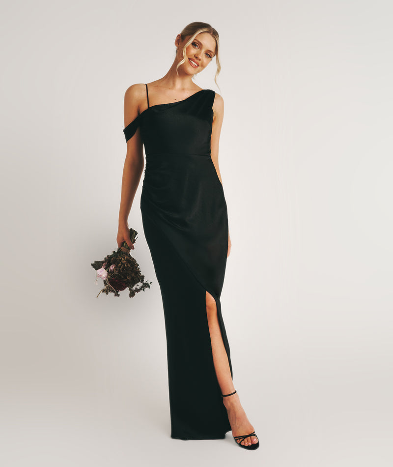 Asymmetrical Satin Bridesmaid Dress - Black