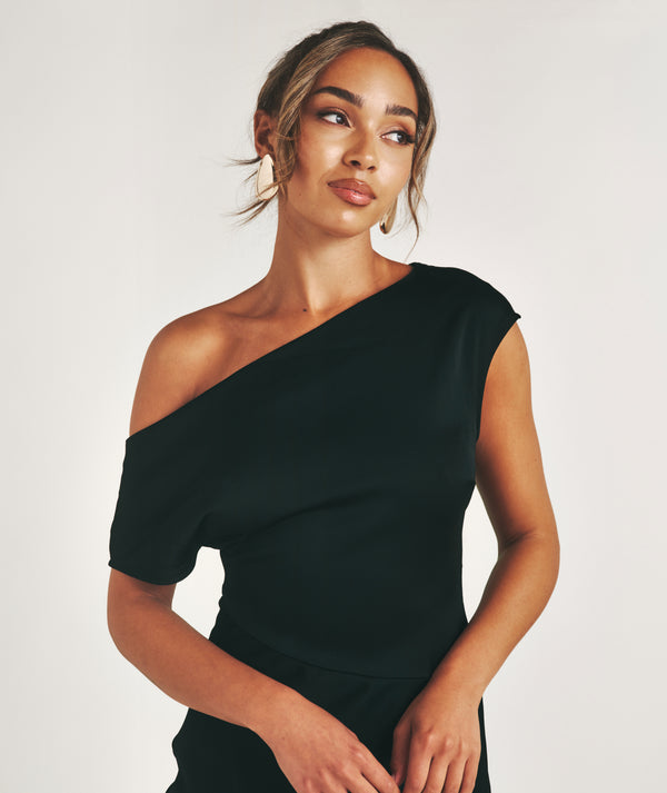 Asymmetric Neck Satin Bridesmaid Dress - Black