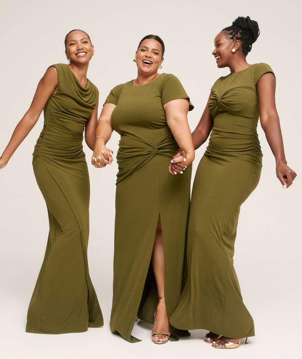 Cowl Wrap Neck Stretch Sculpt Bridesmaid Dress - Fern Green