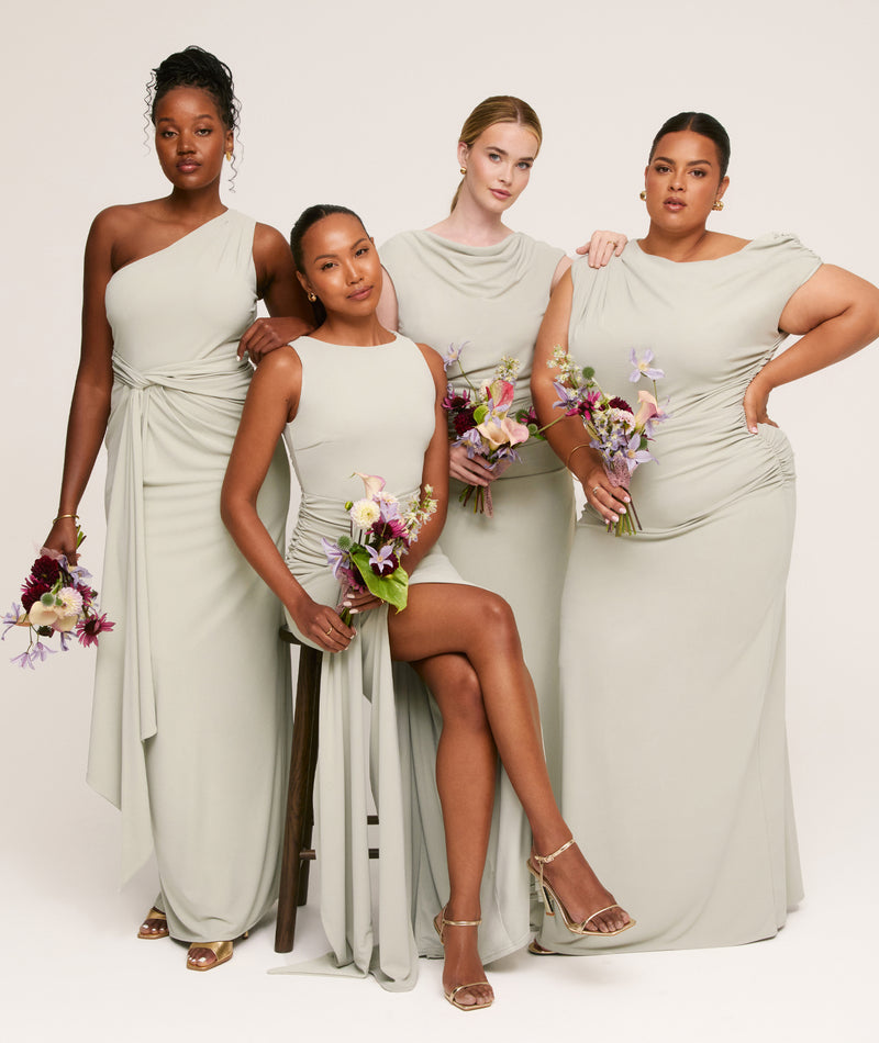Asymmetric Neck Stretch Sculpt Bridesmaid Dress - Soft Sage