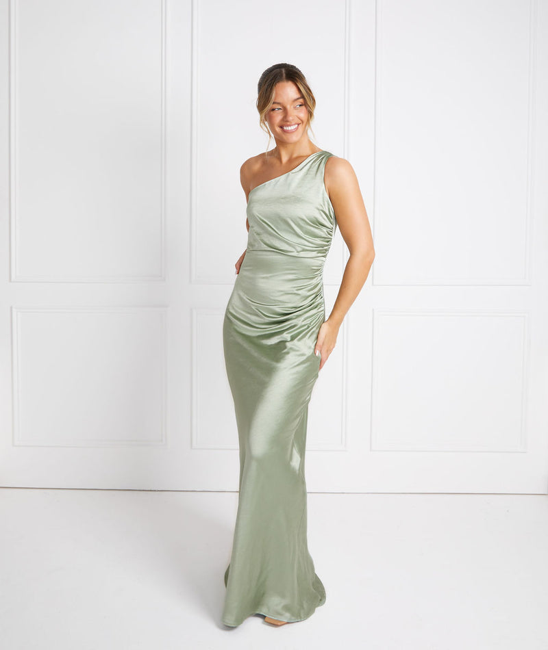 One Shoulder Satin Ruched Bridesmaid Dress - Sage | Six Stories One Shoulder Satin Ruched Bridesmaid Dress - Sage | Six Stories