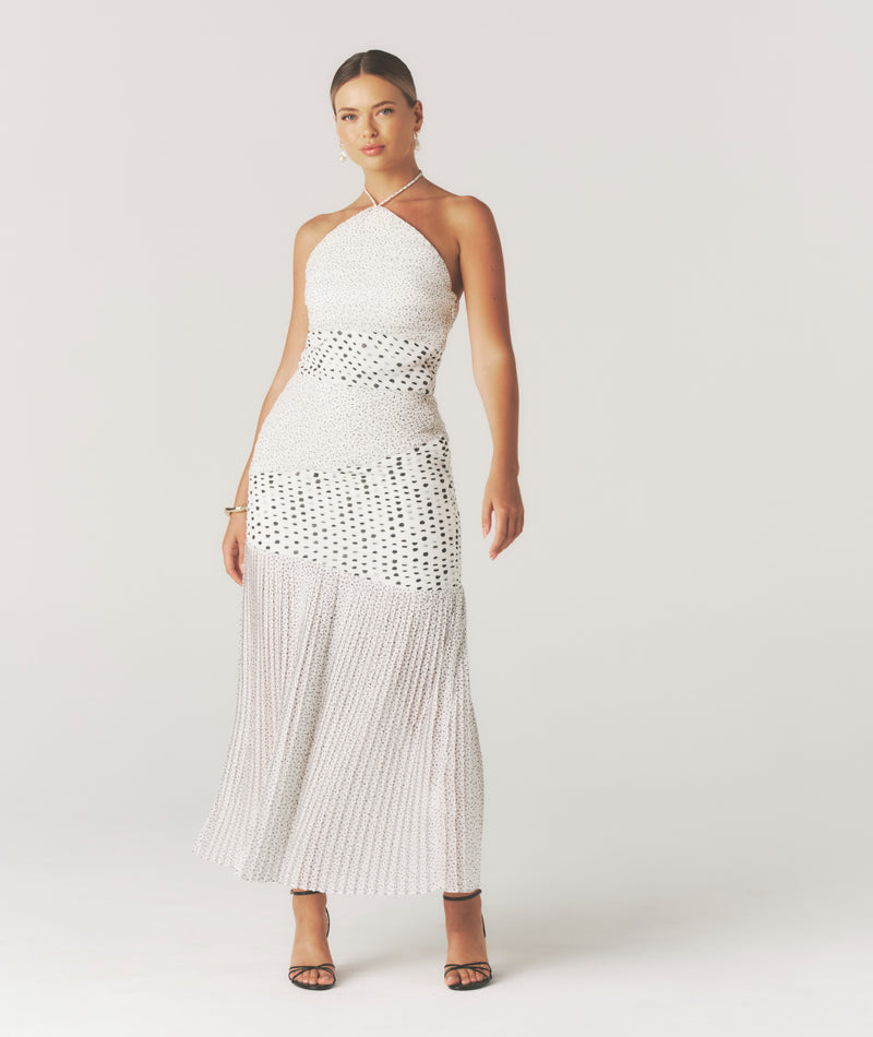 Polka Halter Neck Pleated Midaxi Dress - White Six Stories Polka Halter Neck Pleated Midaxi Dress - White Six Stories