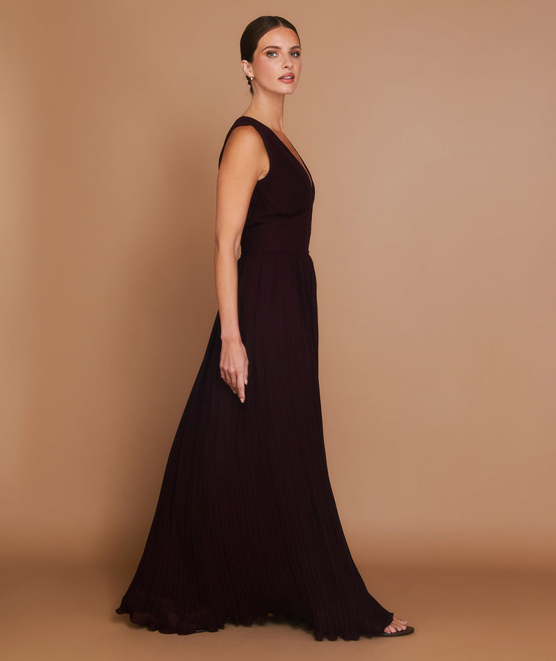 Pleated Plunge Maxi Dress - Wine