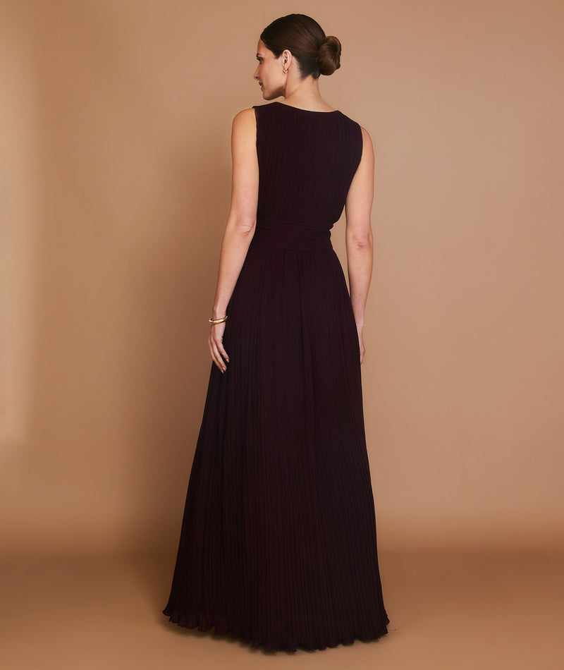Pleated Plunge Maxi Dress - Wine