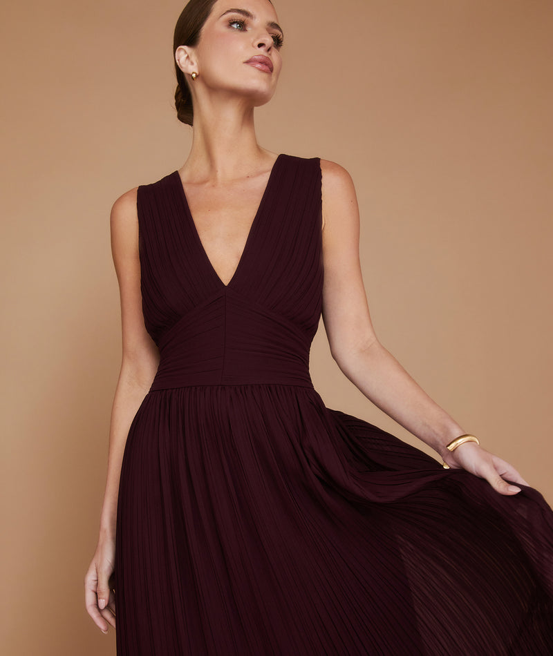 Pleated Plunge Maxi Dress - Wine