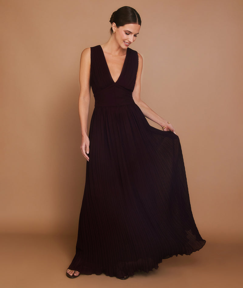 Pleated Plunge Maxi Dress - Wine