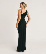 Cowl Asymmetrical Satin Bridesmaid Dress - Black