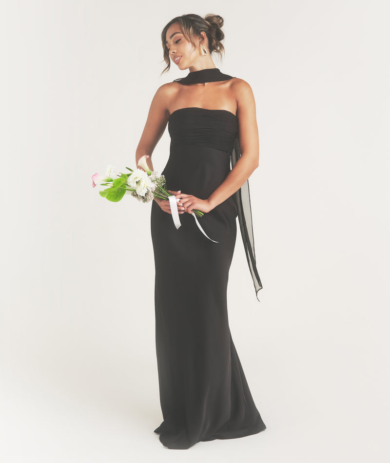 Bandeau Satin Bridesmaid Dress with Neck Tie Black – Six Stories