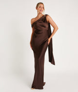 One Shoulder Drape Satin Bridesmaid Dress - Chocolate