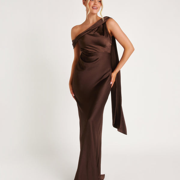 One Shoulder Drape Satin Bridesmaid Dress - Chocolate – Six Stories