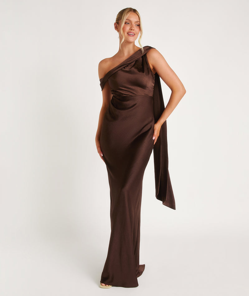 One Shoulder Drape Satin Bridesmaid Dress Chocolate – Six Stories