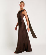 One Shoulder Drape Satin Bridesmaid Dress - Chocolate