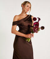 One Shoulder Drape Satin Bridesmaid Dress - Chocolate