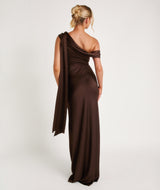 One Shoulder Drape Satin Bridesmaid Dress - Chocolate