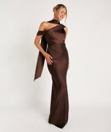 One Shoulder Drape Satin Bridesmaid Dress - Chocolate