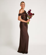 One Shoulder Drape Satin Bridesmaid Dress - Chocolate