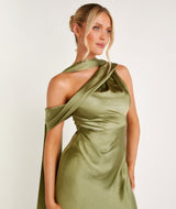 One Shoulder Drape Satin Bridesmaid Dress - Moss Green