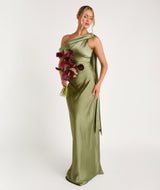 One Shoulder Drape Satin Bridesmaid Dress - Moss Green