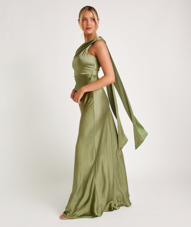 One Shoulder Drape Satin Bridesmaid Dress - Moss Green